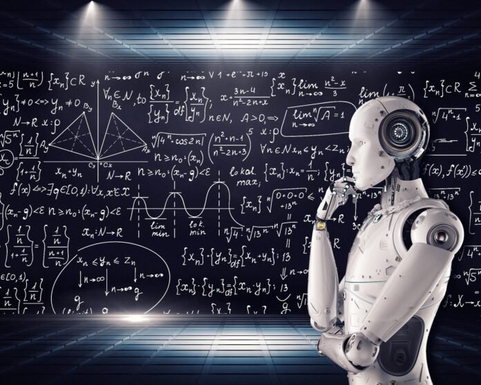 Robot in front of a blackboard of maths equations representing machine learning