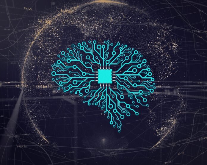 Illustration of an artificial neural network connected to a computer chip