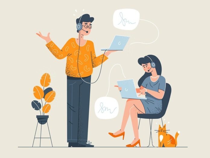 Illustration of virtual assistants with headsets and laptops supporting clients online