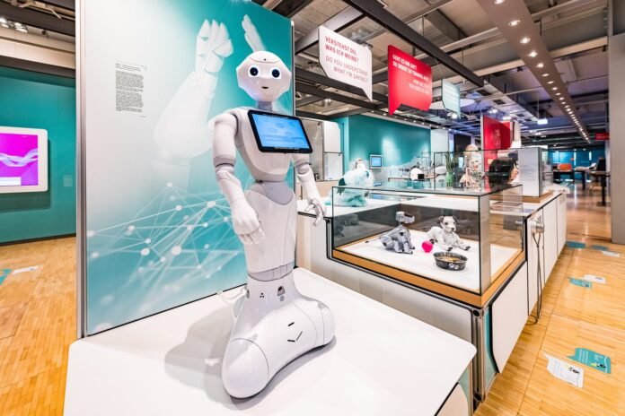 Humanoid robot at an artificial intelligence and robotics exhibition