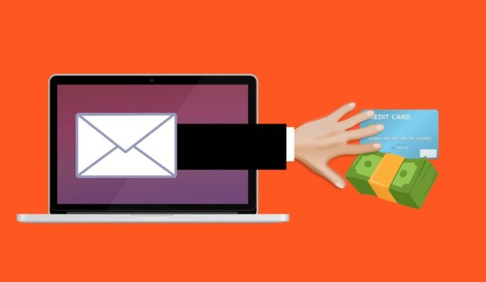 Illustration of a phishing email stealing payment card details