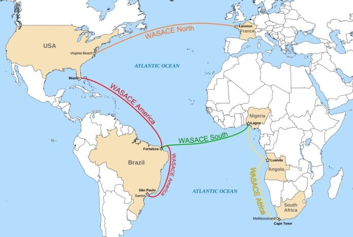 Map of the WASACE submarine cable route linking Africa, South America and North America